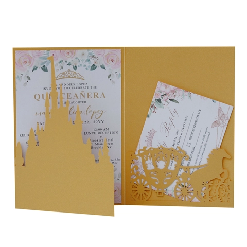 Lasergeschnitten Schloss Kutsche Quinceanera Einladungen Perlmuttpapier Romantische Hochzeit Taufe Geburtstag Party Einladung Umschläge