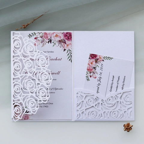 Elegant Laser Cut Rose Floral Wedding Invitations With Envelopes Pearl Paper Greeting Cards For Engagement Bridal Shower Party Celebration