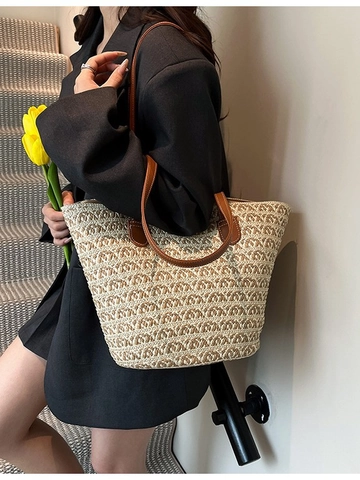 Large Capacity Straw Woven Tote Bag For Women Geometric Pattern Shoulder Bag Casual Beach Vacation Travel Handbag