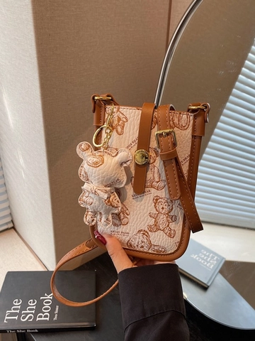 Women Cartoon Bear Print PU Leather Crossbody Phone Bag Fashion Small Square Shoulder Bag With Removable Pendant Cute Mini Bag