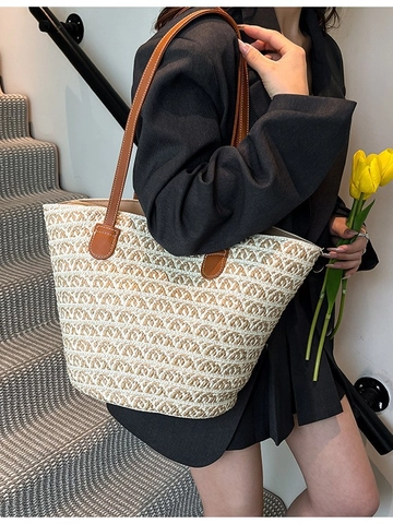 Large Capacity Straw Woven Tote Bag For Women Geometric Pattern Shoulder Bag Casual Beach Vacation Travel Handbag