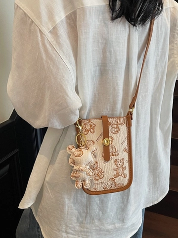 Women Cartoon Bear Print PU Leather Crossbody Phone Bag Fashion Small Square Shoulder Bag With Removable Pendant Cute Mini Bag