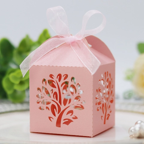 Lasergeschnittene Lebensbaum Süßigkeitenschachtel Elegante Perlpapier Geschenkbox Mit Schleife Für Hochzeit Party Dekoration