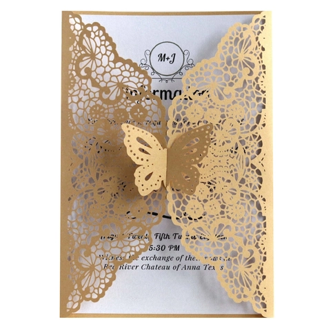 Juego de Invitaciones de Boda de Mariposa de Corte Láser Papel Perlado Elegantes Tarjetas de Invitación para Matrimonio Bautizo Fiesta Con Sobres
