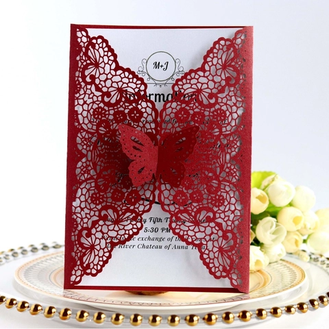Invitaciones de Boda de Mariposa de Corte Láser Papel Perlado Tarjetas de Felicitación de Encaje para Bautizo Matrimonio