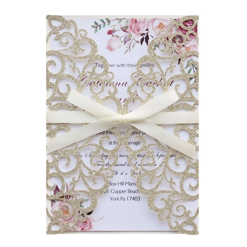 Inviti di Matrimonio Taglio Laser Carta Perlata Glitter Fiocco Carta Interna Floreale Con Buste per Festa Banchetto