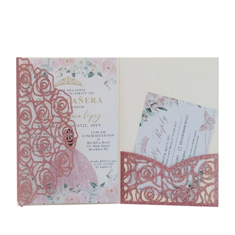 Invito a Forma di Rosa con Taglio al Laser Carta Glitterata Eleganti Inviti di Nozze Floreali Invito Quinceanera Con Carta RSVP