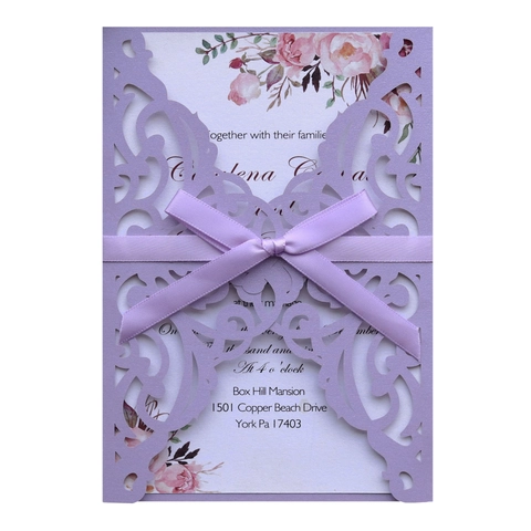 Elegante Laser Geschnitten Hochzeit Einladungskarten Kit Mit Perlmuttpapier Blumen Hohl Design Bandschleife Für Taufe Party