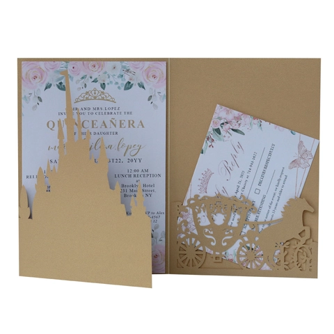 Lasergeschnitten Schloss Kutsche Quinceanera Einladungen Perlmuttpapier Romantische Hochzeit Taufe Geburtstag Party Einladung Umschläge