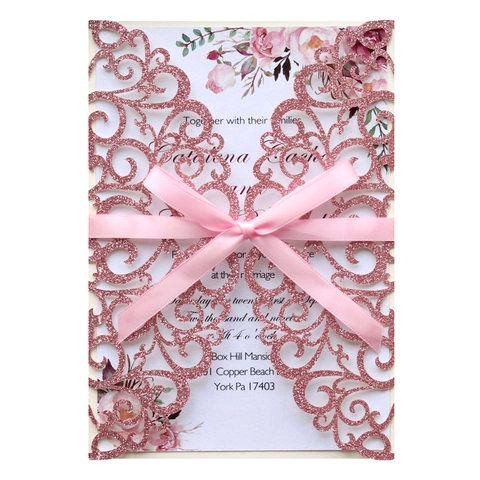 Inviti di Matrimonio Taglio Laser Carta Perlata Glitter Fiocco Carta Interna Floreale Con Buste per Festa Banchetto