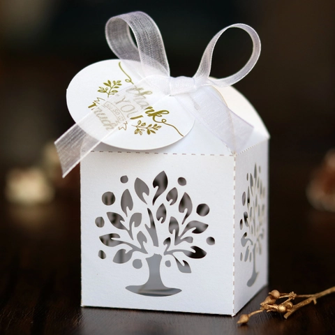 Lebensbaum Lasergeschnitten Süßigkeitenbox Hohl Perlmuttpapier Geschenkbox Mit Schleife Für Hochzeit Geburtstag Party Deko Verpackung