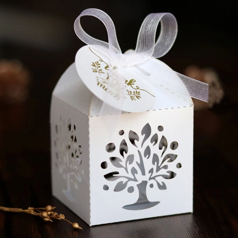 Lebensbaum Lasergeschnitten Süßigkeitenbox Hohl Perlmuttpapier Geschenkbox Mit Schleife Für Hochzeit Geburtstag Party Deko Verpackung