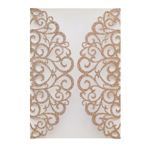 Elegant Laser Cut Wedding Invitation Gate-fold Card Cover With Glitter Pearlescent Paper Scroll Floral For Marriage Party