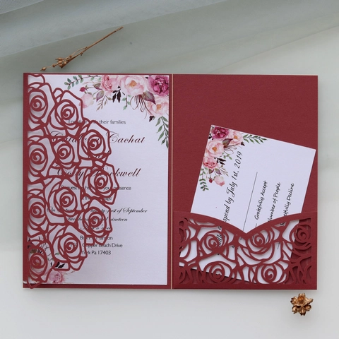 Elegant Laser Cut Rose Floral Wedding Invitations With Envelopes Pearl Paper Greeting Cards For Engagement Bridal Shower Party Celebration