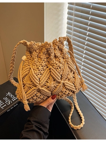 Bohemian Handwoven Straw Bucket Bag Beach Crossbody Bag With Wooden Beads Drawstring Closure Tassels For Women Vacation