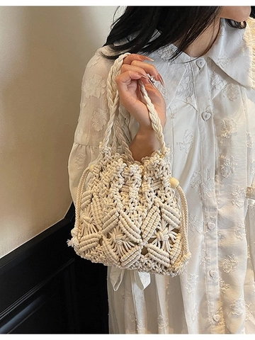 Bohemian Handwoven Straw Bucket Bag Beach Crossbody Bag With Wooden Beads Drawstring Closure Tassels For Women Vacation