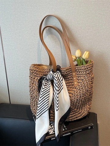 Bolso Tote de Paja Tejida de Gran Capacidad para Mujer Bolso de Hombro Tejido a Mano con Pañuelo para Playa Vacaciones Diario