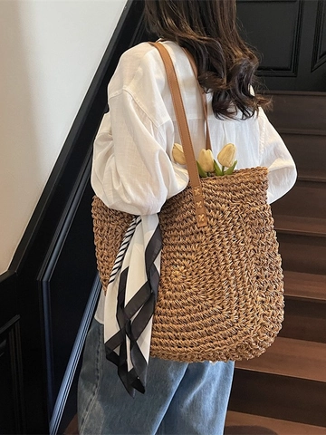 Bolso Tote de Paja Tejida de Gran Capacidad para Mujer Bolso de Hombro Tejido a Mano con Pañuelo para Playa Vacaciones Diario