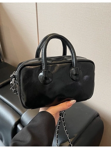 Women Metallic PU Leather Bowling Bag Trendy Boston Pillow Crossbody Bag With Chain Strap Minimalist Small Handbag Bag