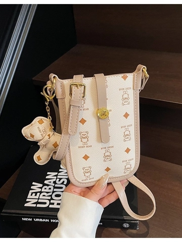Vintage Cartoon Bear Print PU Leather Mobile Phone Bag Women Small Crossbody Shoulder Bag With Puppy Charm Commuter Purse