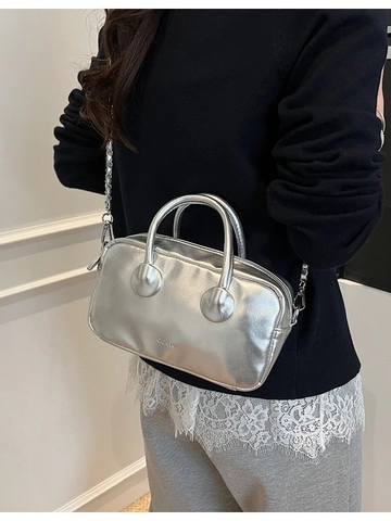 Women Metallic PU Leather Bowling Bag Trendy Boston Pillow Crossbody Bag With Chain Strap Minimalist Small Handbag Bag