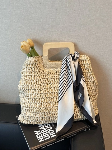 Women Retro Straw Woven Handbag Large Capacity Wooden Handle Tote Bag With Striped Scarf For Beach Vacation Summer Fashion Bag