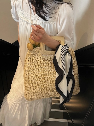 Women Retro Straw Woven Handbag Large Capacity Wooden Handle Tote Bag With Striped Scarf For Beach Vacation Summer Fashion Bag