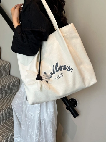 Große Kapazität Leinwand Tragetasche Für Damen Mode Pendeln Umhängetasche Mit Blumenanhänger Buchstabendruck Einkaufstasche