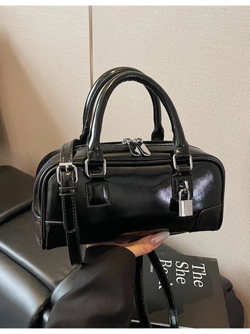 Women Fashion Glossy PU Leather Boston Bag Small Square Shoulder Crossbody Handbag With Silver Lock Decoration Casual Bag