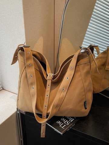 Vintage Large Capacity Fabric Shoulder Bag For Women Simple Adjustable Metal Eyelet Strap Commuter Tote Bag All-match Hobo Bag