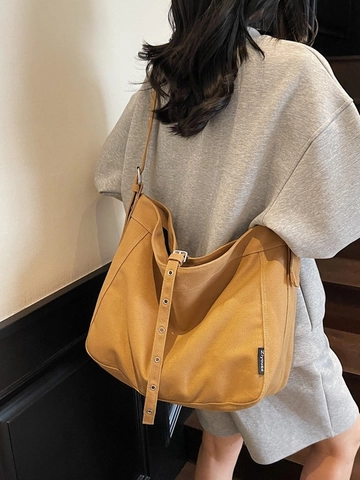 Vintage Large Capacity Fabric Shoulder Bag For Women Simple Adjustable Metal Eyelet Strap Commuter Tote Bag All-match Hobo Bag