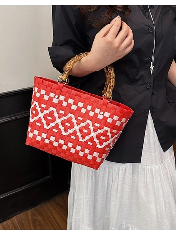 Handmade Plastic Woven Bucket Bag With Natural Bamboo Handle Vintage Lattice Pattern Women Vacation Tote Handbag