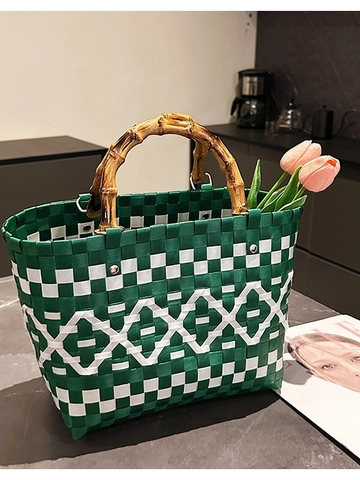 Handmade Plastic Woven Bucket Bag With Natural Bamboo Handle Vintage Lattice Pattern Women Vacation Tote Handbag