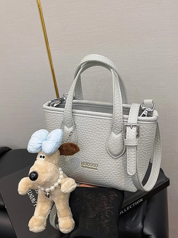 Borsa a Secchiello da Donna in Pelle PU con Trama Litchi Borsa a Tracolla Versatile Con Simpatico Ciondolo Cane in Peluche Collezione Primavera