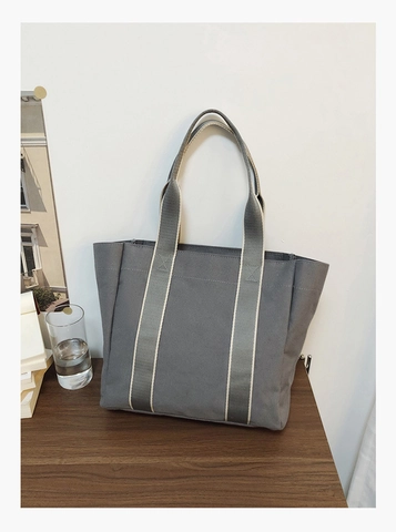 Fashion Korean Style Simple Nylon Tote Bag Large Capacity Women Shoulder Handbag Contrast Stripe Decor Casual Commuting Bag