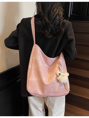 Large Capacity PU Leather Tote Bag For Women Solid Color Casual Shoulder Bag With Plush Bear Charm Adjustable Strap Handbag