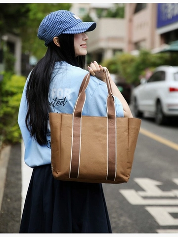 Fashion Korean Style Simple Nylon Tote Bag Large Capacity Women Shoulder Handbag Contrast Stripe Decor Casual Commuting Bag