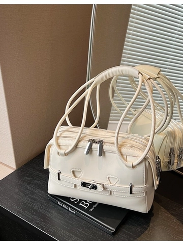 Women Retro PU Leather Shoulder Bag Minimalist Boston Style Tote With Belt Decor Silver Hardware Stylish Daily Commute Bag