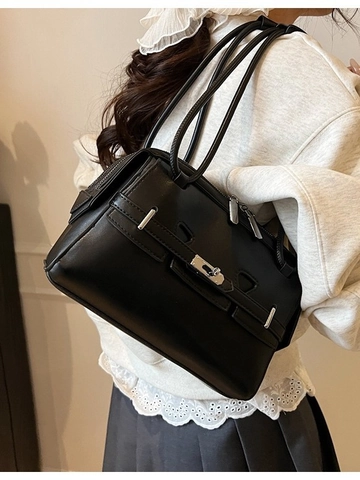 Women Retro PU Leather Shoulder Bag Minimalist Boston Style Tote With Belt Decor Silver Hardware Stylish Daily Commute Bag