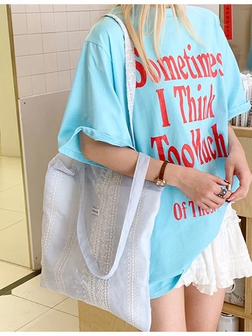 Minimalist Lace Embroidered Canvas Tote Bag Large Capacity Striped Shoulder Bag For Women Casual Daily Travel Shopping Handbag