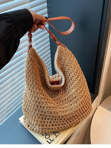 Handmade Woven Straw Shoulder Bag For Women Large Capacity Beach Vacation Hobo Bag With Leather Strap Daily Casual Tote Bag