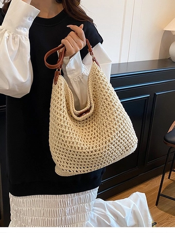 Handmade Woven Straw Shoulder Bag For Women Large Capacity Beach Vacation Hobo Bag With Leather Strap Daily Casual Tote Bag