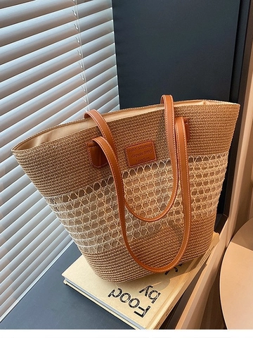 Women Casual Straw Woven Tote Bag Large Capacity Hollow Shoulder Bag Summer Beach Vacation Fashion Braided Travel Handbag