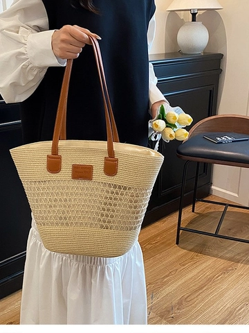 Women Casual Straw Woven Tote Bag Large Capacity Hollow Shoulder Bag Summer Beach Vacation Fashion Braided Travel Handbag
