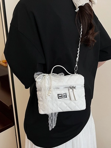 Bolso Bandolera de Caja de Cuero PU Acolchado para Mujer Con Lazo de Encaje y Perlas Artificiales Bolso de Hombro Pequeño