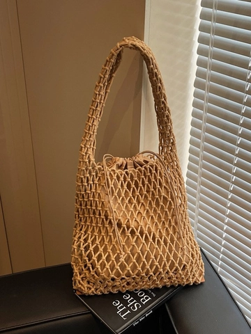 Bolso Cubo Tejido Casual para Mujer Bolso de Hombro de Red Calada Con Bolsa Interior de Cordón Bolso de Mano Artesanal