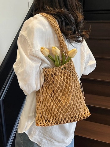 Bolso Cubo Tejido Casual para Mujer Bolso de Hombro de Red Calada Con Bolsa Interior de Cordón Bolso de Mano Artesanal