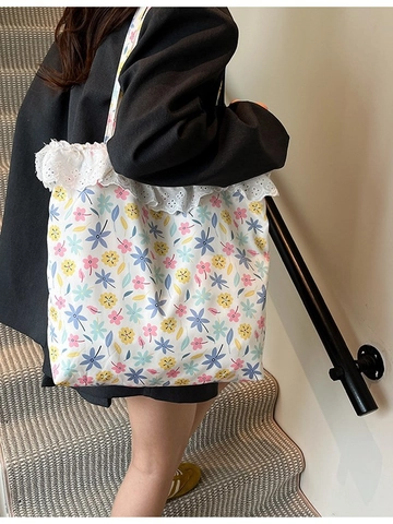 Women Canvas Floral Striped Tote Bag With Lace Trim Large Capacity Casual Shoulder Bag For Daily Commuting Fashion Handbag