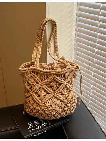 Women Handmade Woven Shoulder Bag Bohemian Hollow Straw Bucket Bag Summer Beach Vacation Tote With Drawstring Liner