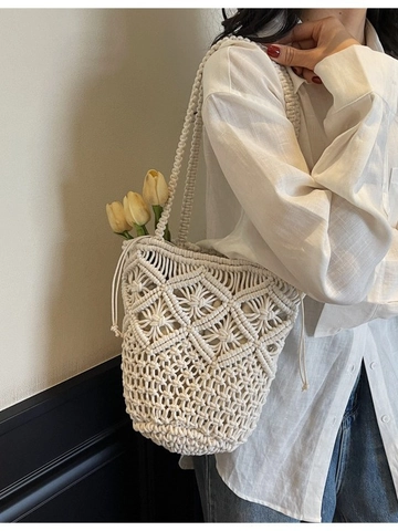 Women Handmade Woven Shoulder Bag Bohemian Hollow Straw Bucket Bag Summer Beach Vacation Tote With Drawstring Liner